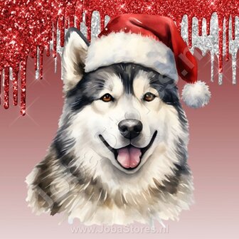 Diamond Painting Alaska Malamute met Kerstmuts