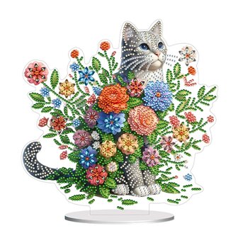 Diamond Painting Stehendes Ornament Katze mit Blumen