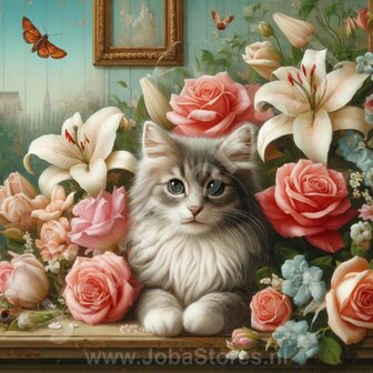 Diamond Painting Katze zwischen Blumen