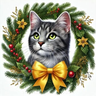 Diamond Painting Weihnachtskranz - Graue Getigerte Katze