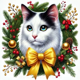 Diamond Painting Weihnachtskranz - Wei&szlig;e Katze