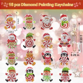 Diamond Painting Schl&uuml;sselanh&auml;nger Set Weihnachtsfiguren (16 St&uuml;ck)