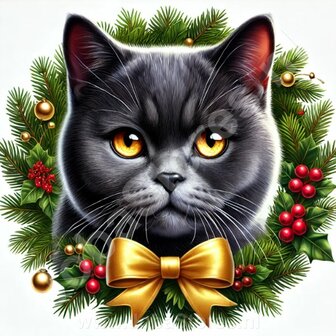 Diamond Painting Weihnachtskranz Katze - Britisch Kurzhaar