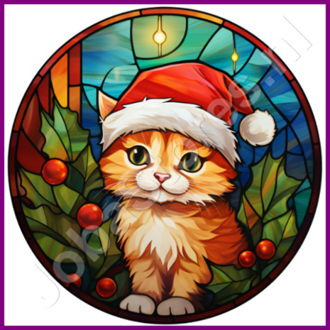 Diamond Painting Glas in lood Kerstmuts Kitten