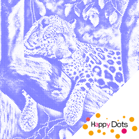 HappyDots DOT Painting Luipaard in boom 50x50cm - Blauw Stippelschilderij