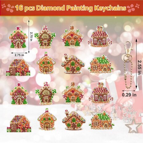 Diamond Painting Schlüsselanhänger Set Weihnachtshäuser (16 Stück)